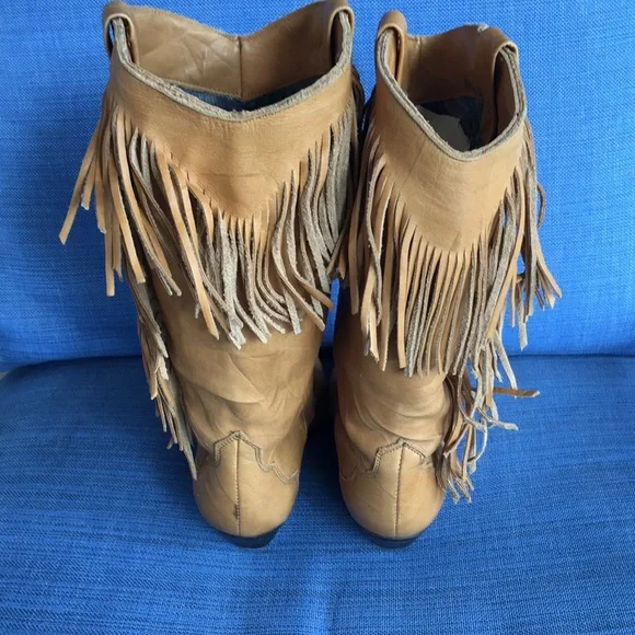 DINGO FRINGE CAMEL TAN LEATHER COWBOY BOOTS - Picture 3 of 4